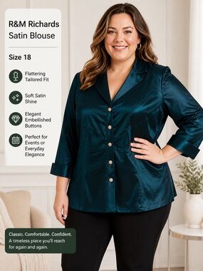 R&M Richards Teal Satin Button-Front Blouse